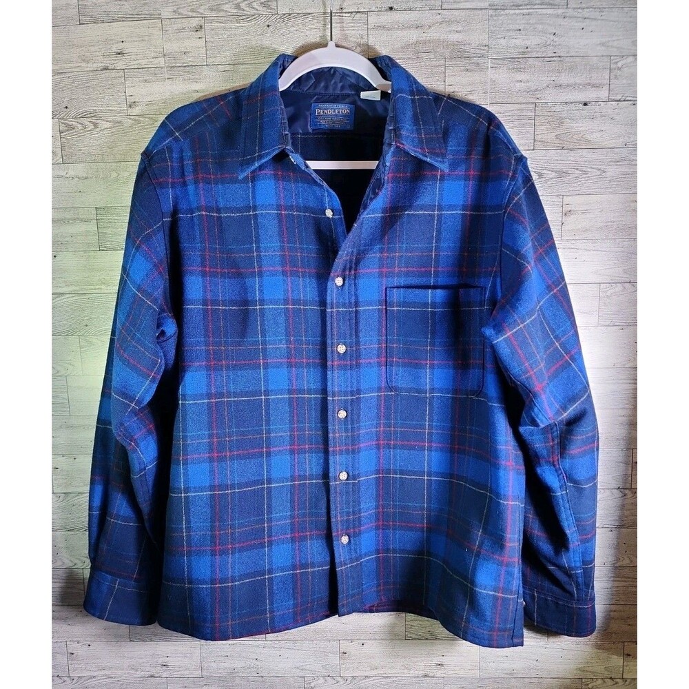 Vintage Pendleton 100% Wool Flannel Shirt Size L Plaid Blue USA Made Dry Clean